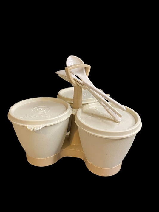 Vintage Tupperware Complete Condiment Caddy Beige Almond with Spoons