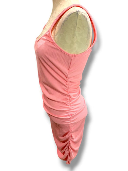 Large  Pink Fitted Tank Dress Ruched Sides Stretch