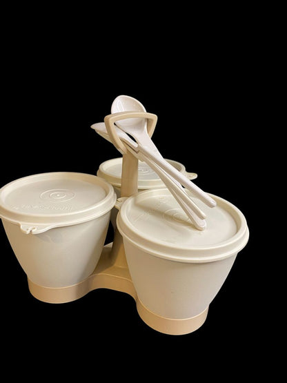 Vintage Tupperware Complete Condiment Caddy Beige Almond with Spoons