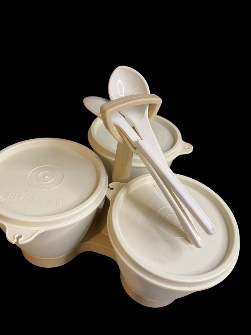 Vintage Tupperware Complete Condiment Caddy Beige Almond with Spoons