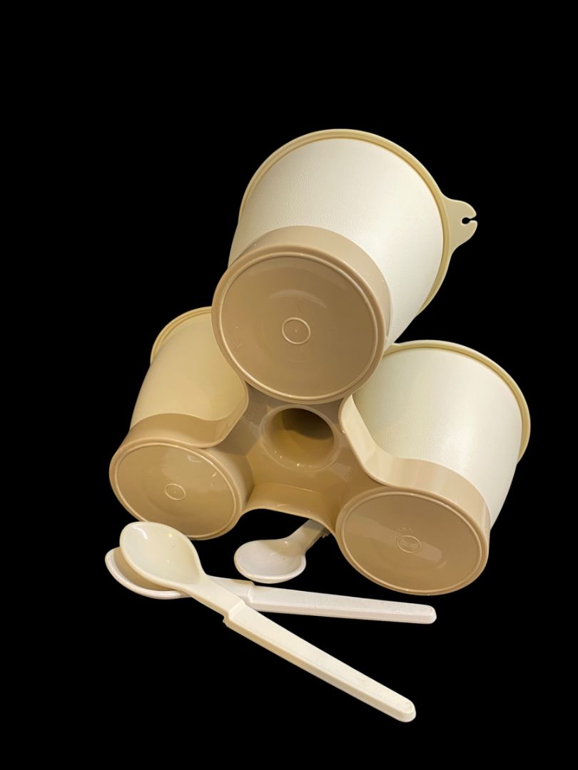 Vintage Tupperware Complete Condiment Caddy Beige Almond with Spoons