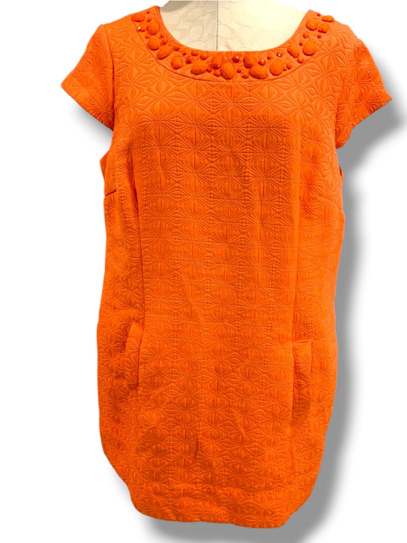 Size 18W Sandra Darren Orange Shift Dress Pockets Beaded Neckline Lined Cap Sleeve