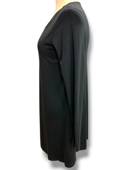 Medium Socialite Black Shift Dress Knit Lattice Neckline Soft Pockets