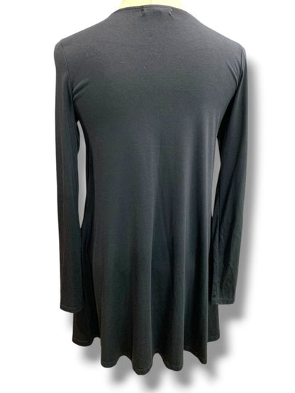Medium Socialite Black Shift Dress Knit Lattice Neckline Soft Pockets