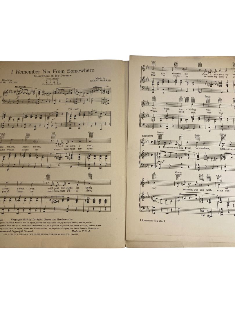1930 I Remember You From Somewhere Sheet Music Leslie Warren