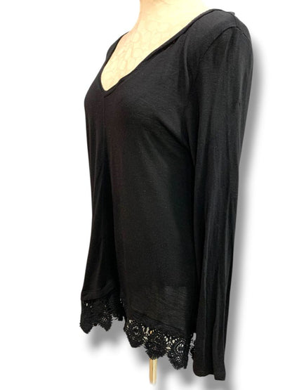 Small Hinge Womens Front Back V-Neck Shirt Crochet Hem Long Sleeve Lightweight