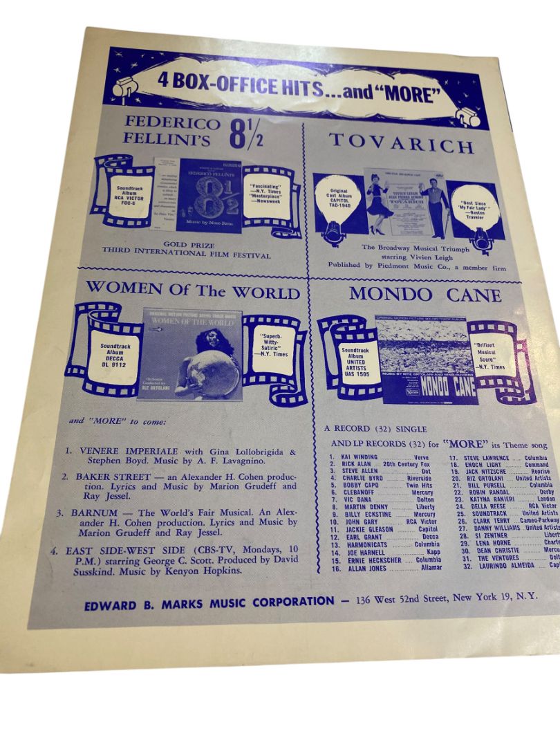 1962 More (Theme from Mondo Cane) Sheet Music Edward B. Marks