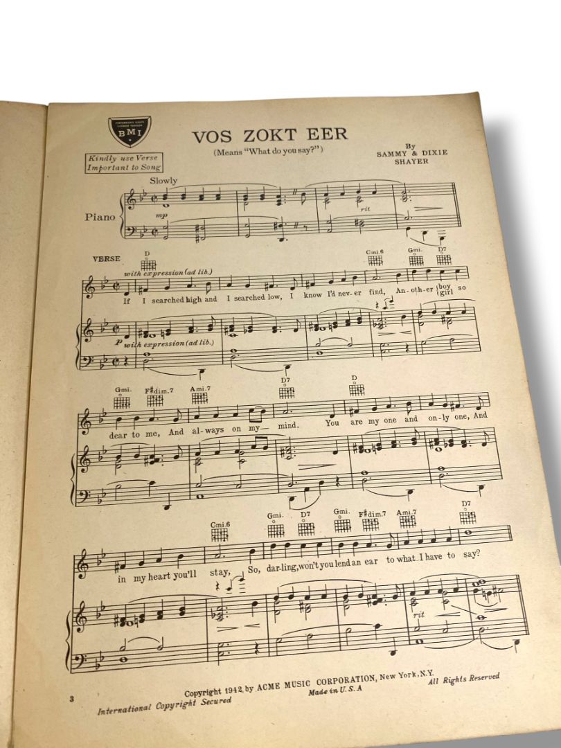 1942 Vos Zokt Eer Sheet Music What Do You Say Sammy & Dixie Shayer Acme Music Corp