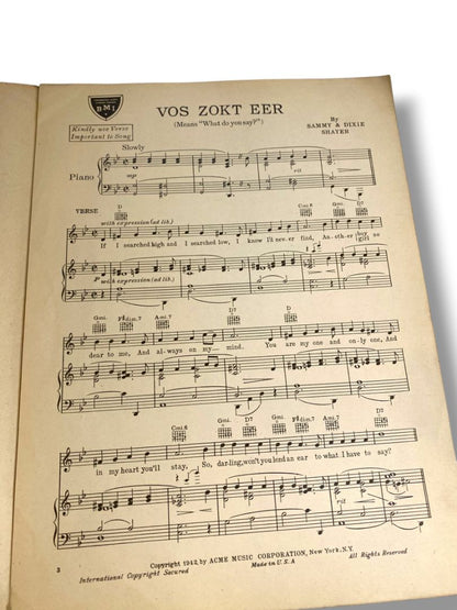 1942 Vos Zokt Eer Sheet Music What Do You Say Sammy & Dixie Shayer Acme Music Corp