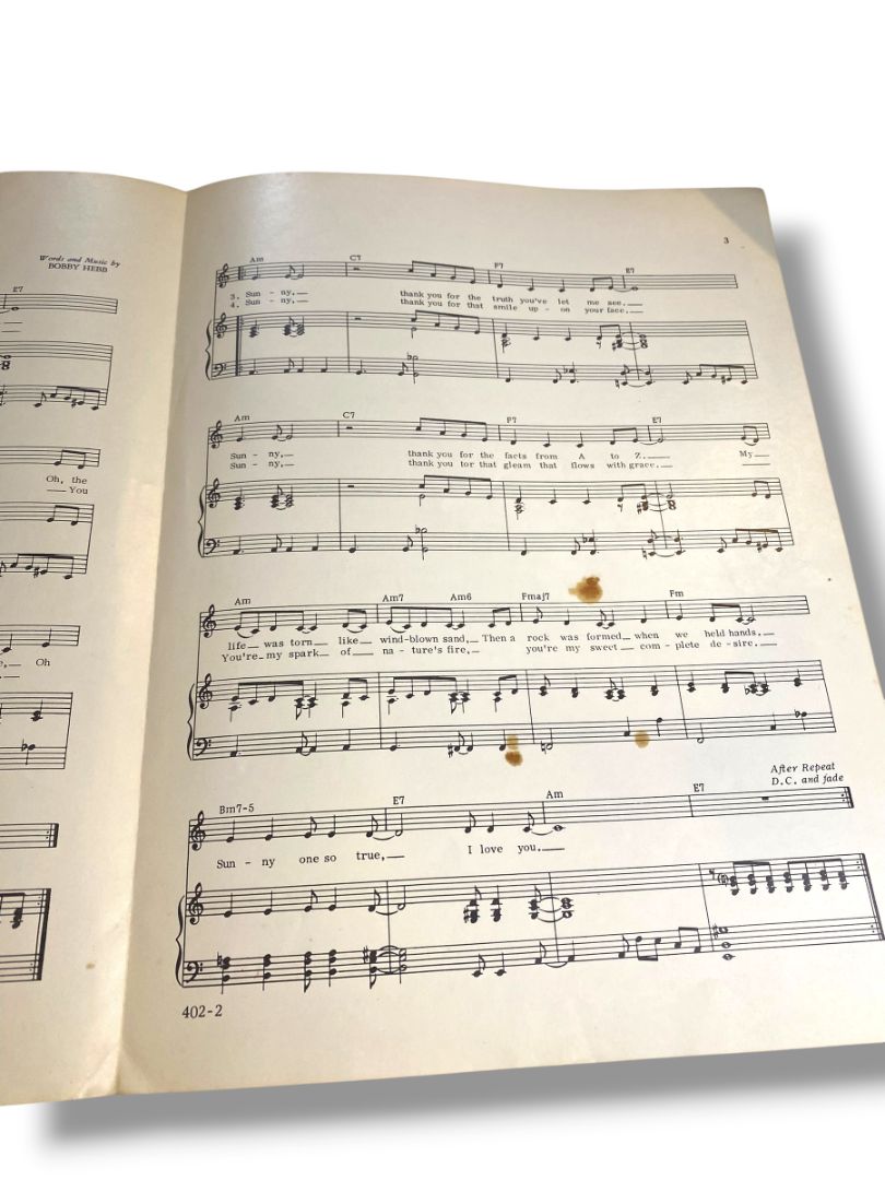 1966 Sunny Sheet Music by Bobby Hebb Portable Music Co