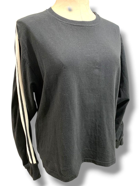 Small John Galt Womens Black Pullover Shirt Two White Sleeve Stripes