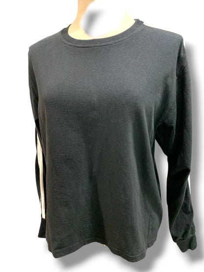 Small John Galt Womens Black Pullover Shirt Two White Sleeve Stripes