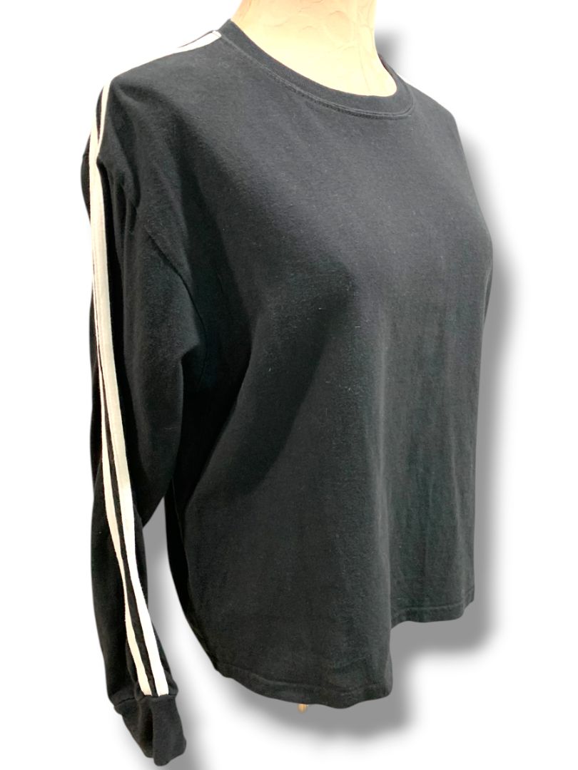 Small John Galt Womens Black Pullover Shirt Two White Sleeve Stripes