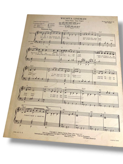 1968 Wichita Lineman Sheet Music Glen Campbell Jim Webb Canopy Music
