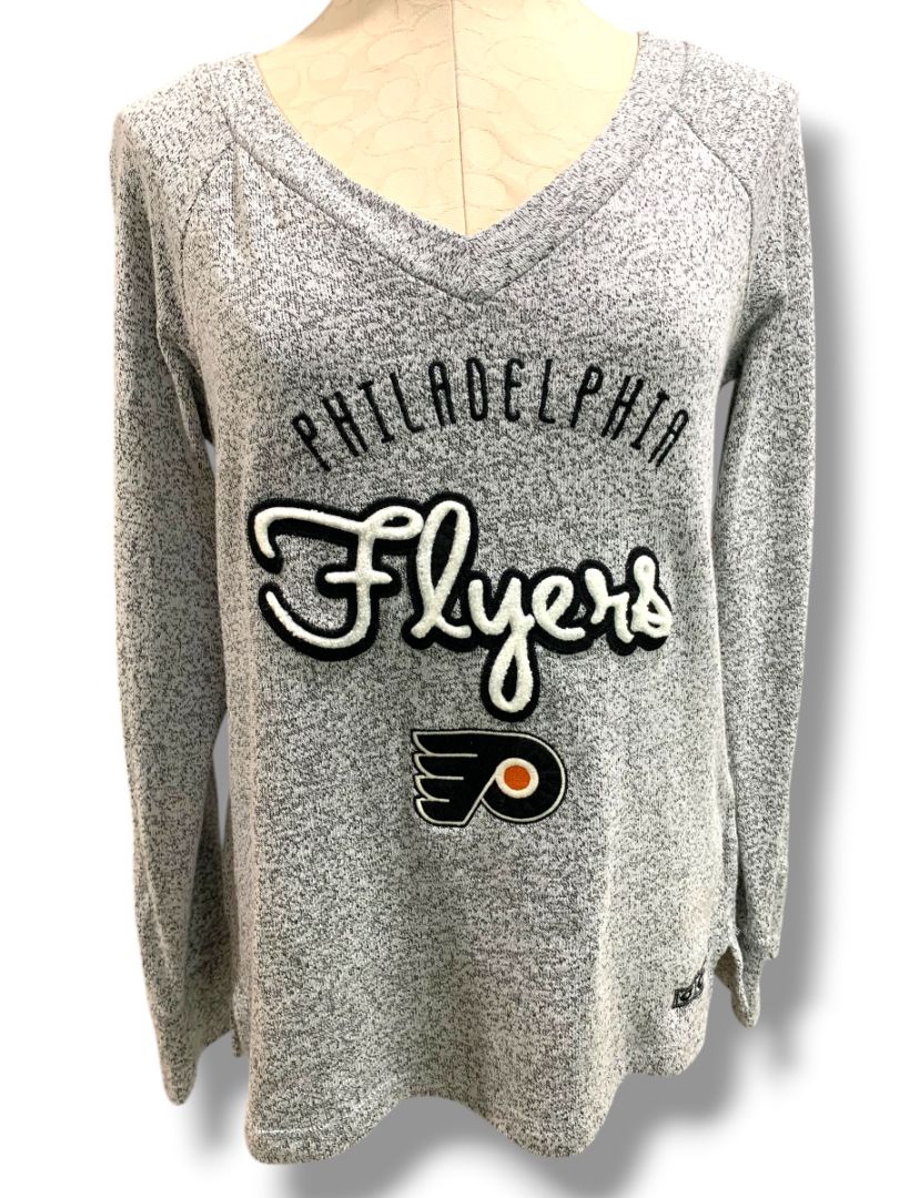 Medium CCM Womens NHL Philadelphia Flyers V-Neck Sweater Gray Marled Knit