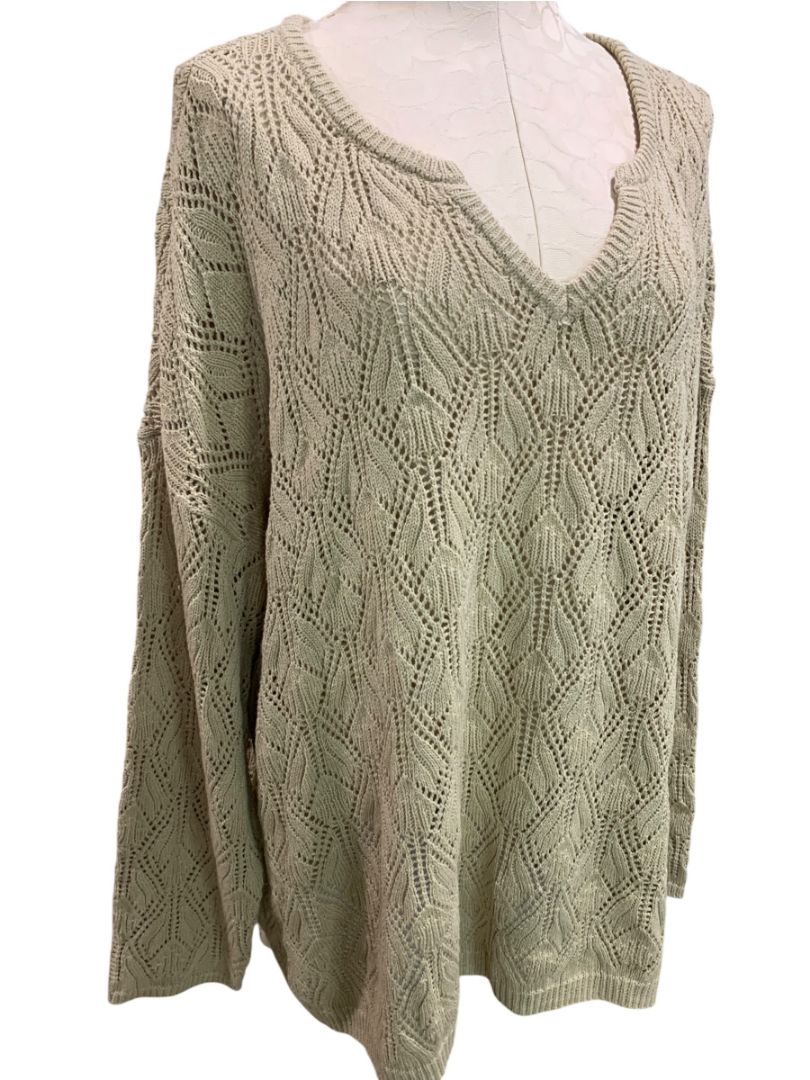 Size 3X peace love world Womens Taupe Loose Knit V-Neck Sweater
