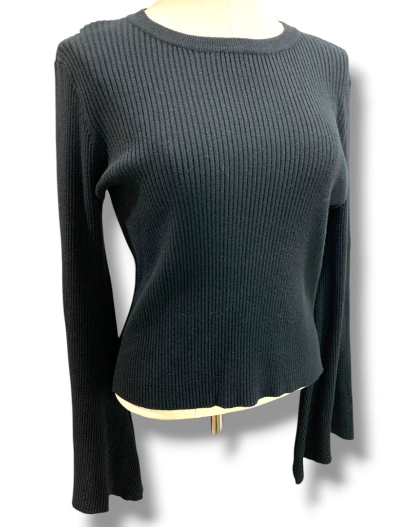 Medium Olivaceous Womens Cashmere Blend Black Ribbed Sweater Flare Sleeve