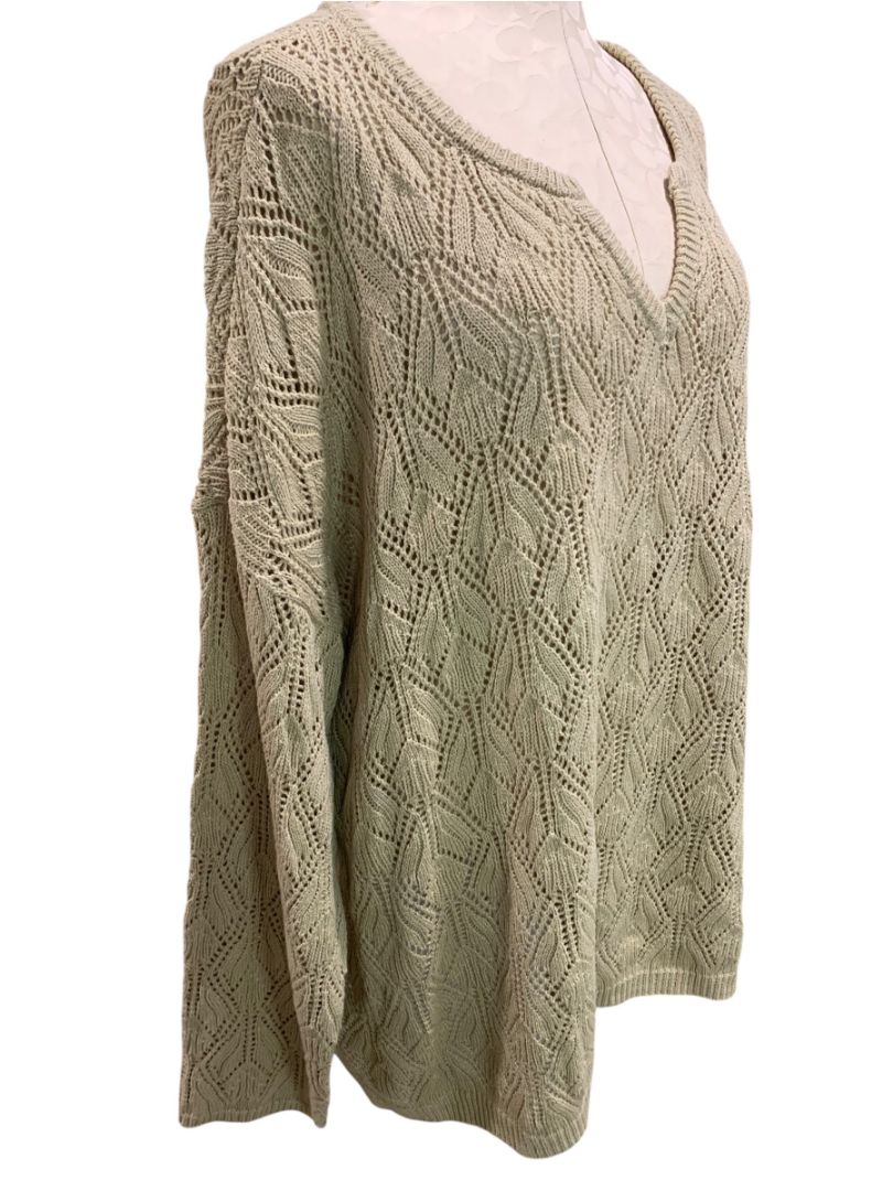 Size 3X peace love world Womens Taupe Loose Knit V-Neck Sweater