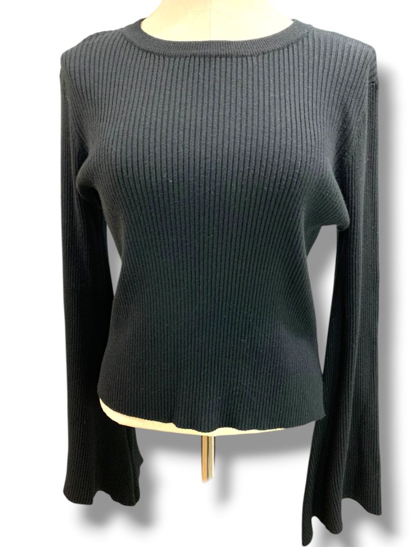 Medium Olivaceous Womens Cashmere Blend Black Ribbed Sweater Flare Sleeve