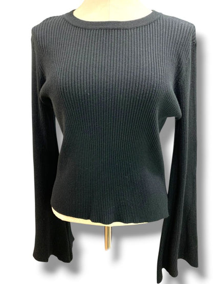Medium Olivaceous Womens Cashmere Blend Black Ribbed Sweater Flare Sleeve