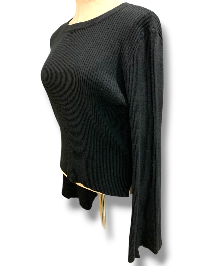 Medium Olivaceous Womens Cashmere Blend Black Ribbed Sweater Flare Sleeve