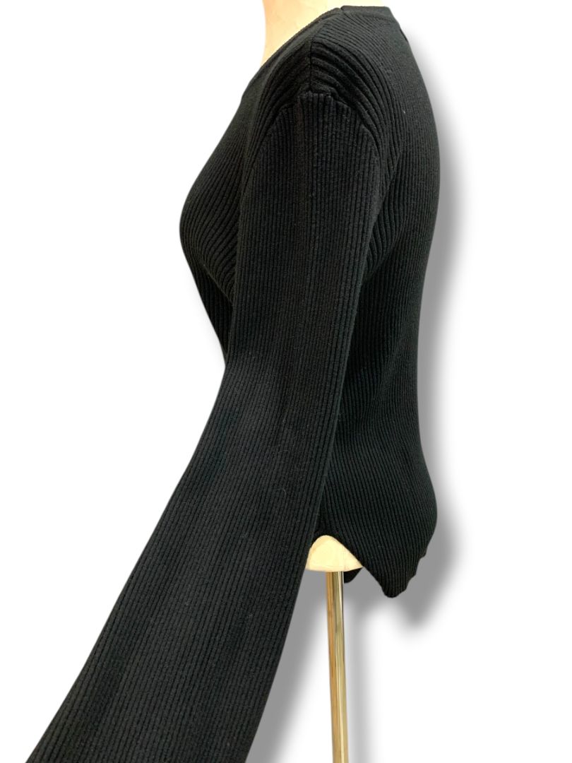 Medium Olivaceous Womens Cashmere Blend Black Ribbed Sweater Flare Sleeve