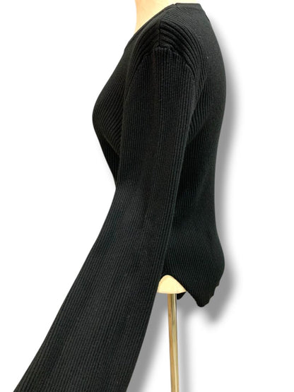 Medium Olivaceous Womens Cashmere Blend Black Ribbed Sweater Flare Sleeve