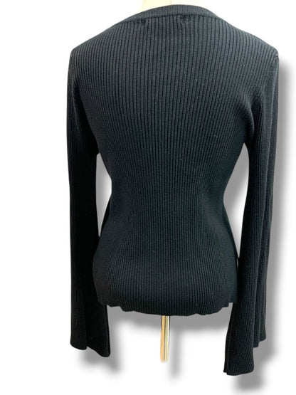 Medium Olivaceous Womens Cashmere Blend Black Ribbed Sweater Flare Sleeve