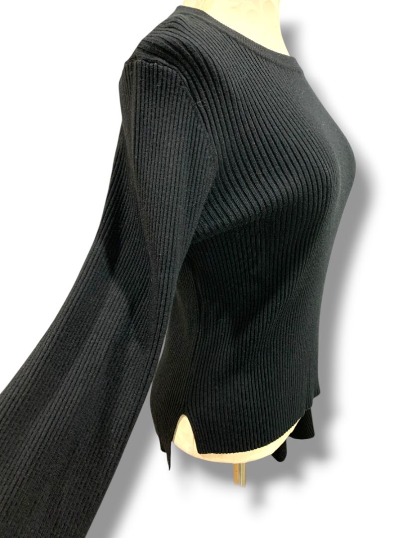Medium Olivaceous Womens Cashmere Blend Black Ribbed Sweater Flare Sleeve