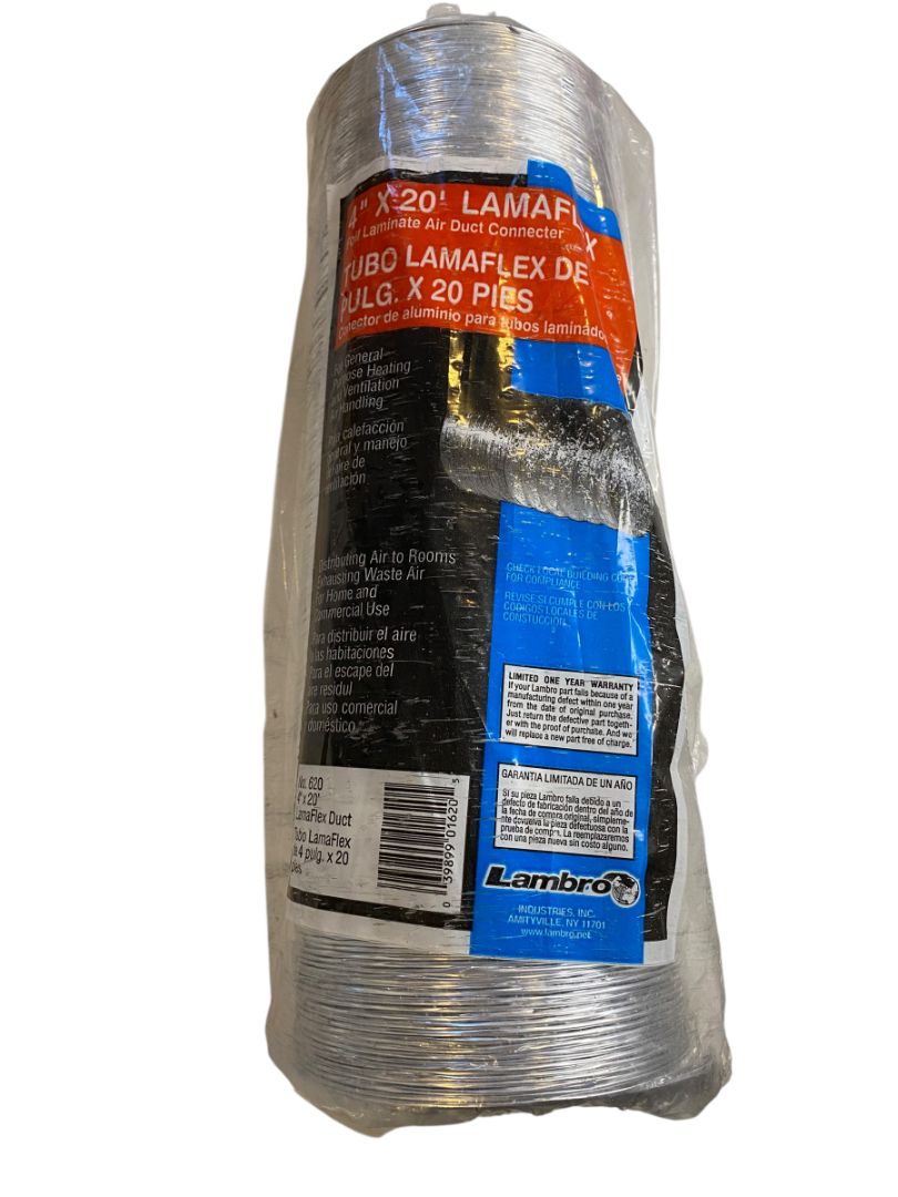 Lambro Lamaflex Foil Flexible Duct 4" x 20" No 620 New