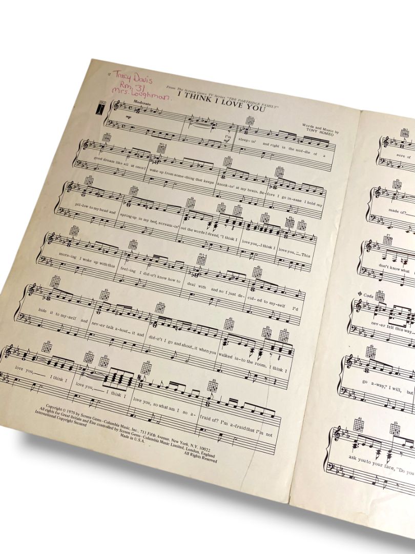 1970 I Think I Love You Sheet Music Tony Romeo Partridge Family Screen Gems