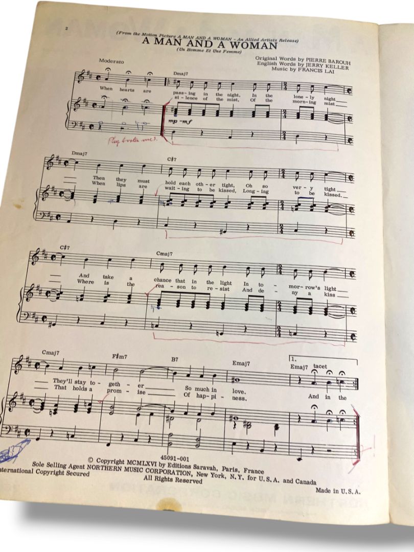 1966 A Man and A Woman Sheet Music Barouh Keller Includes French Version