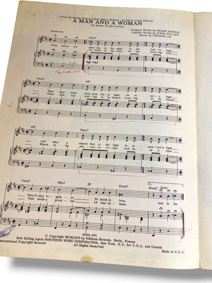 1966 A Man and A Woman Sheet Music Barouh Keller Includes French Version