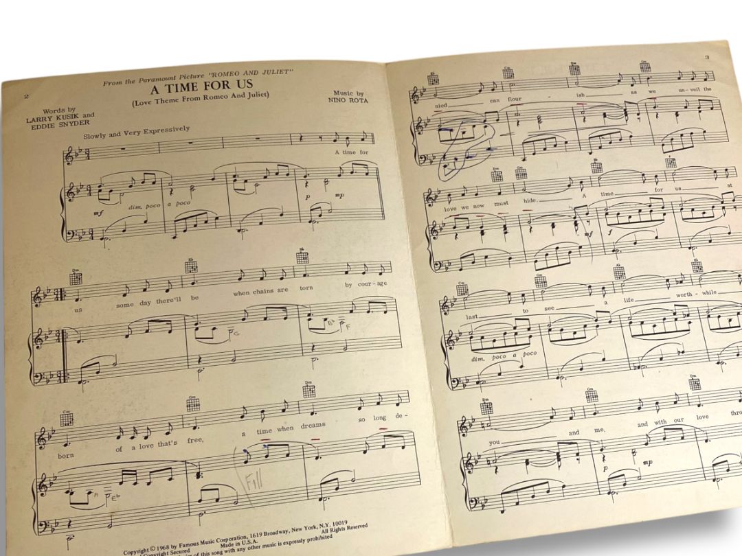 1968 Sheet Music A Time for Us Romeo & Juliet Nino Rota Larry Kusik Eddie Snyder