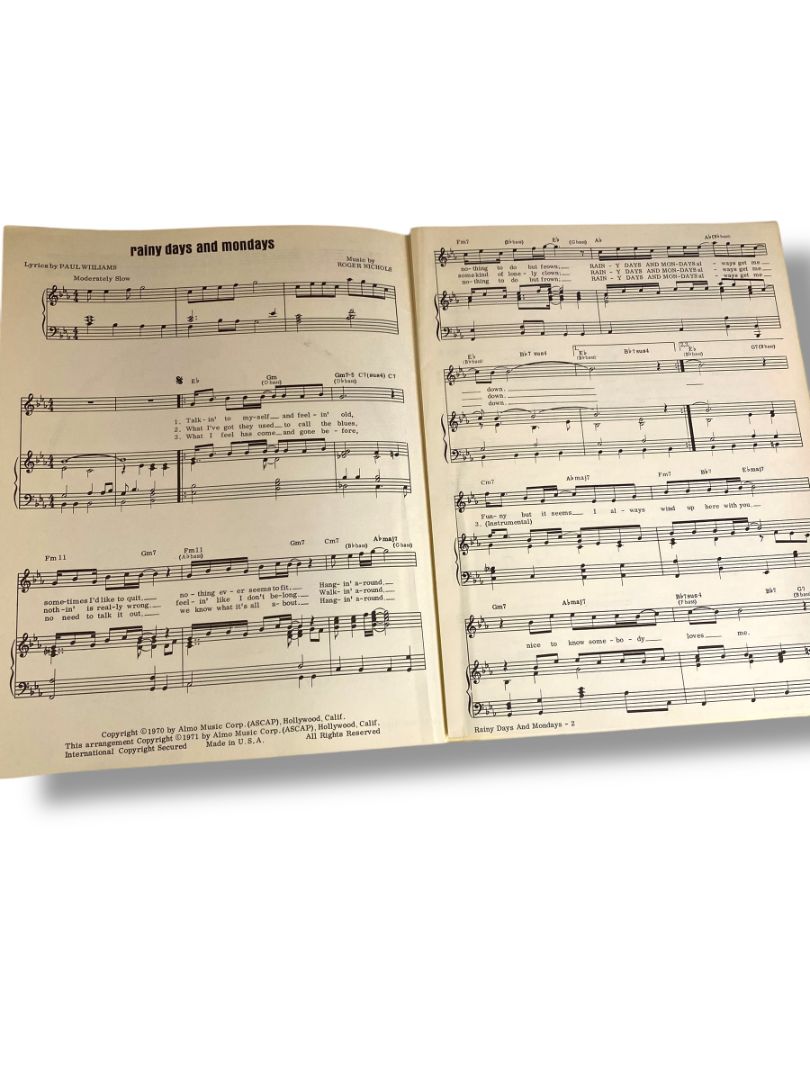 1971 Rainy Days and Mondays Sheet Music Carpenters Paul Williams Roger Nichols