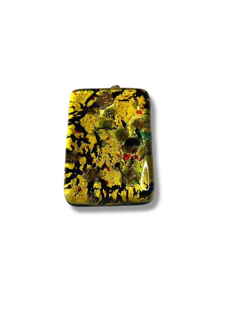 Vintage Glass Rectangle Pendant Gold Foil Black Funky 1.25" x .9"