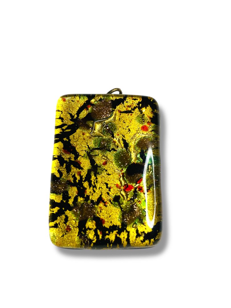 Vintage Glass Rectangle Pendant Gold Foil Black Funky 1.25" x .9"