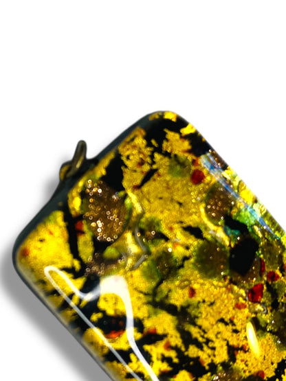 Vintage Glass Rectangle Pendant Gold Foil Black Funky 1.25" x .9"