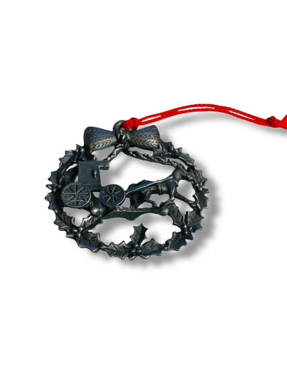 Vintage Christmas Ornament Pewter Wreath Horse Buggy 2.6"