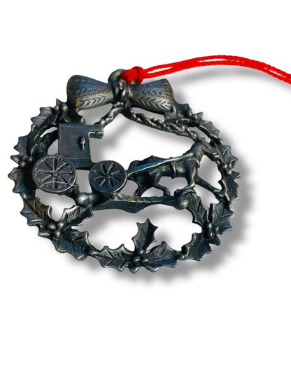 Vintage Christmas Ornament Pewter Wreath Horse Buggy 2.6"