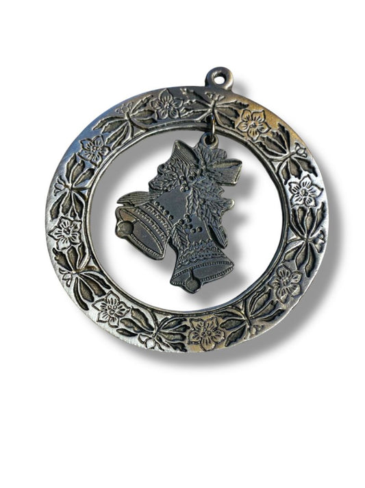 Vintage Pewter Christmas Ornament Wreath Dangle Bell 2.25"