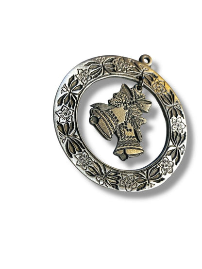 Vintage Pewter Christmas Ornament Wreath Dangle Bell 2.25"