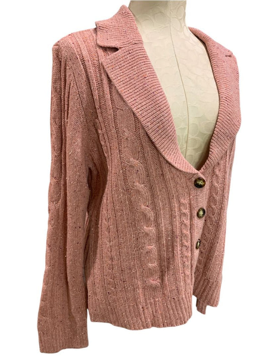 Size XL New York & Co Womens Cable Knit Cardigan Pink Flecked Wool Blend