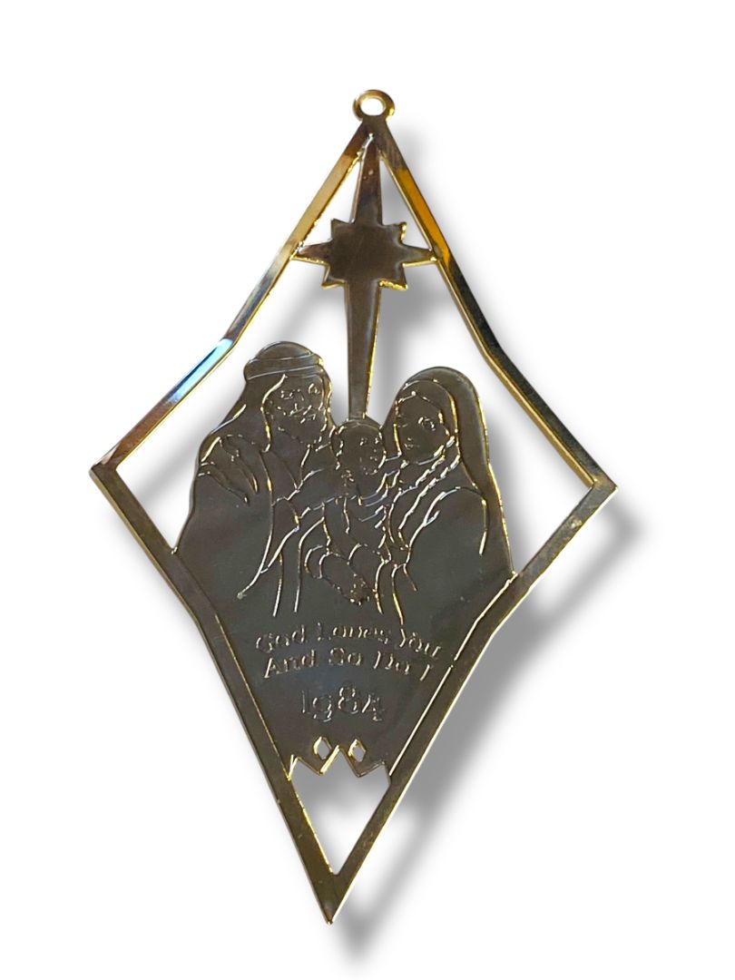 1984 Dated Goldtone Navity Ornament God Loves You So Do I 4.5"