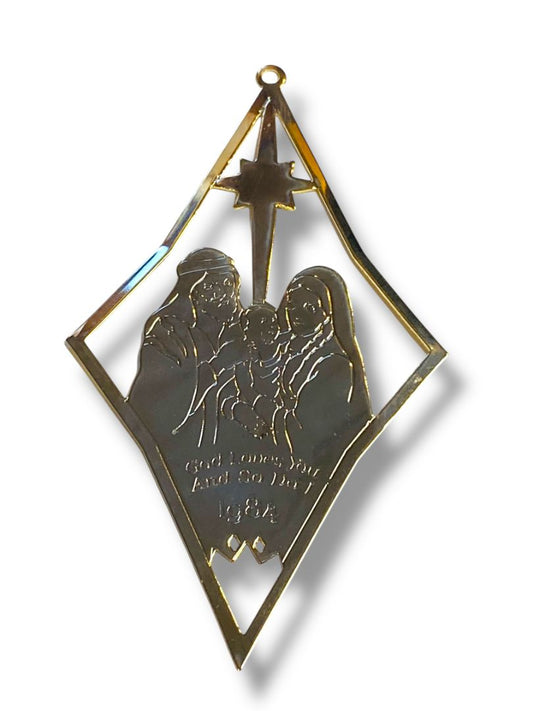 1984 Dated Goldtone Navity Ornament God Loves You So Do I 4.5"