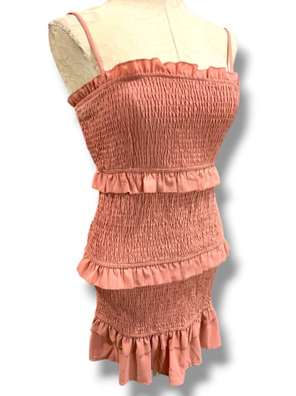 Large Hello Molly Smocked Ruffled Dress Fitted Spaghetti Straps Pink