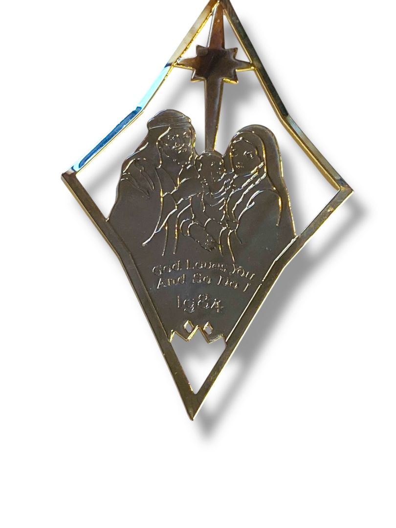 1984 Dated Goldtone Navity Ornament God Loves You So Do I 4.5"