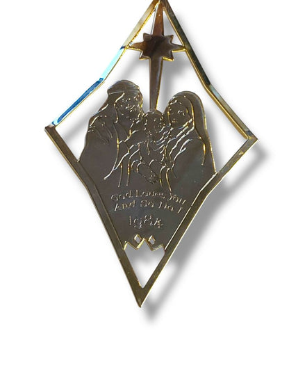 1984 Dated Goldtone Navity Ornament God Loves You So Do I 4.5"