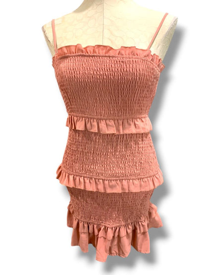 Large Hello Molly Smocked Ruffled Dress Fitted Spaghetti Straps Pink
