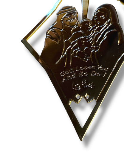 1984 Dated Goldtone Navity Ornament God Loves You So Do I 4.5"
